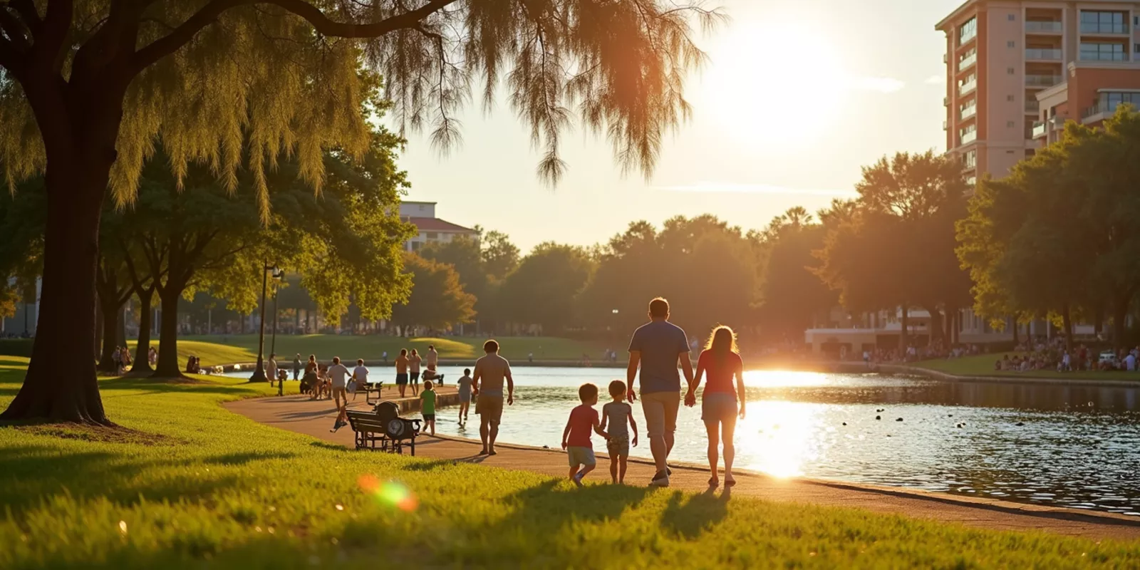 Familia dando un paseo por un lago de Orlando